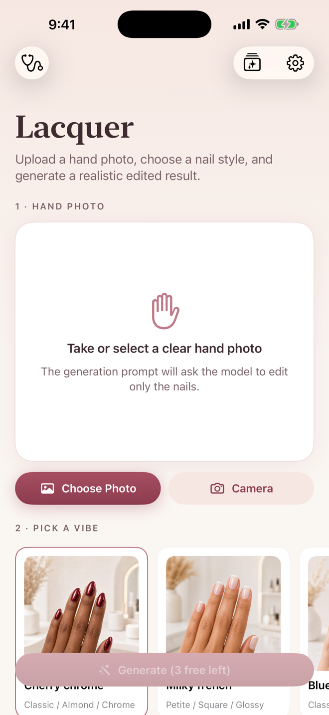 Lacquer app screen for choosing a hand photo and nail style