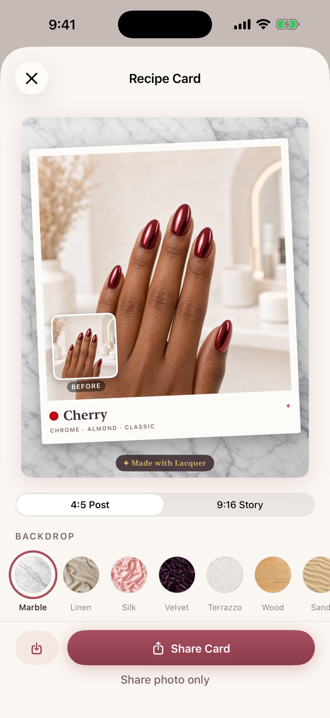 Lacquer recipe card sharing screen