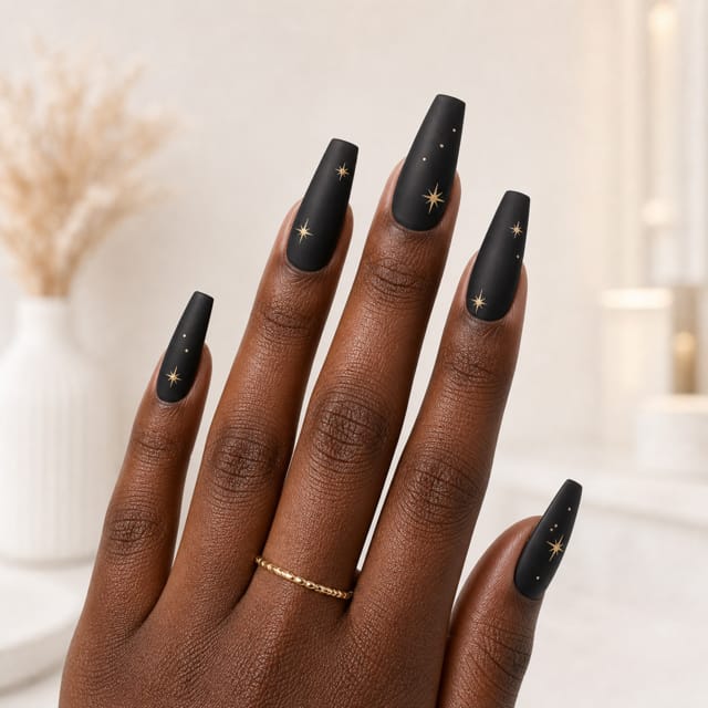 Black coffin nails with gold stars